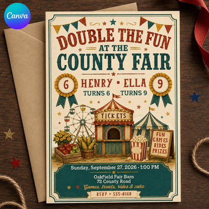 Vintage Rustic County Fair Birthday Invitation — editable Canva template