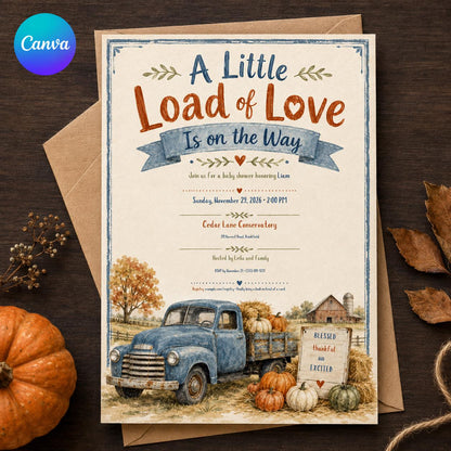 Vintage Rustic Fall Baby Shower Invitation: Little Load of Love Vintage Truck Boy — editable Canva template
