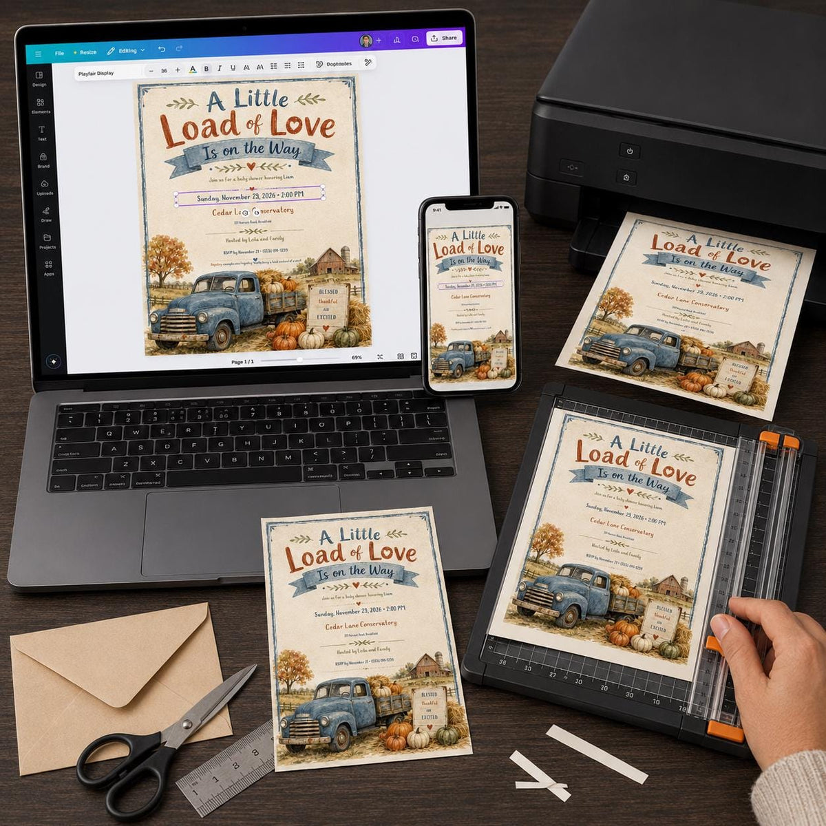 Vintage Rustic Fall Baby Shower Invitation: Little Load of Love Vintage Truck Boy — invitation you personalize in Canva