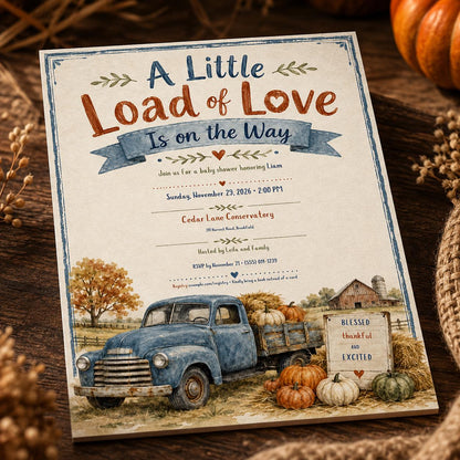 Vintage Rustic Fall Baby Shower Invitation: Little Load of Love Vintage Truck Boy — print-ready baby shower design