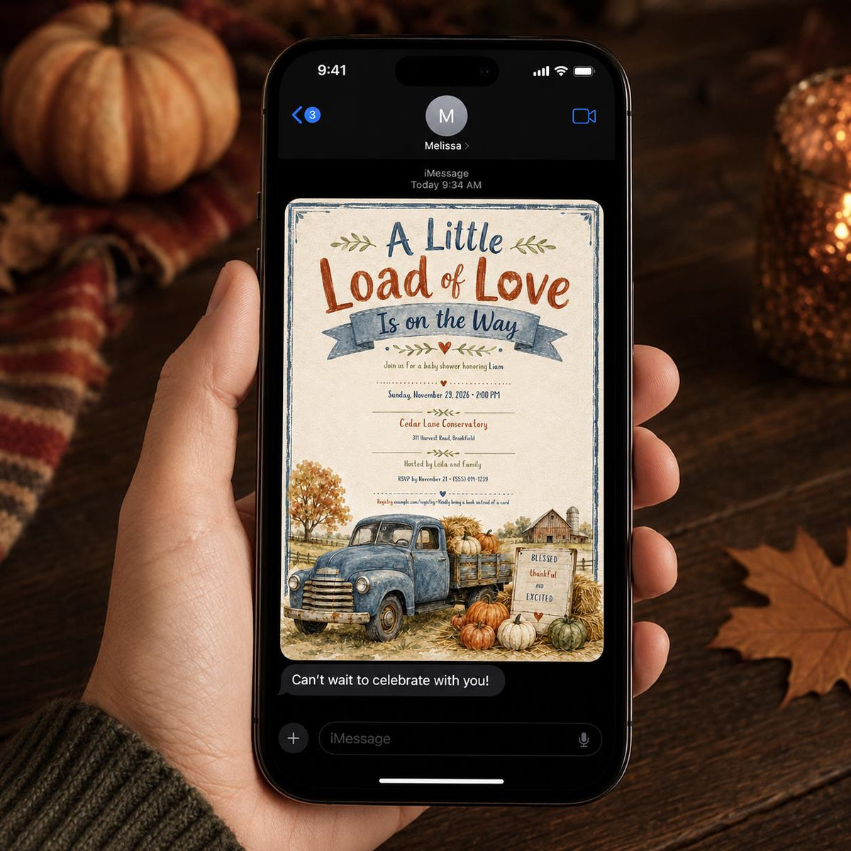 Vintage Rustic Fall Baby Shower Invitation: Little Load of Love Vintage Truck Boy — digital invitation, instant download