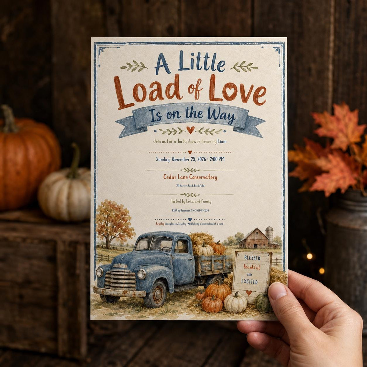 Vintage Rustic Fall Baby Shower Invitation: Little Load of Love Vintage Truck Boy — baby shower stationery by VoltBy