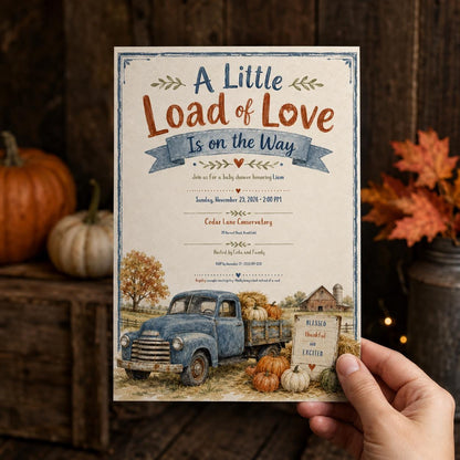 Vintage Rustic Fall Baby Shower Invitation: Little Load of Love Vintage Truck Boy — baby shower stationery by VoltBy