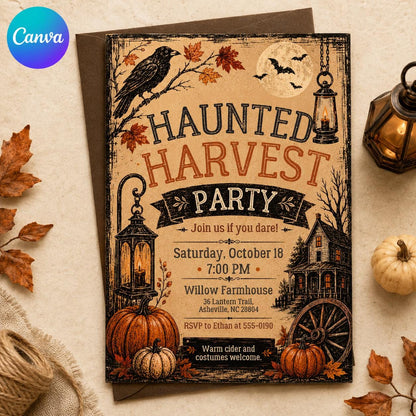 Vintage Rustic Haunted Harvest Party Invitation — editable Canva template