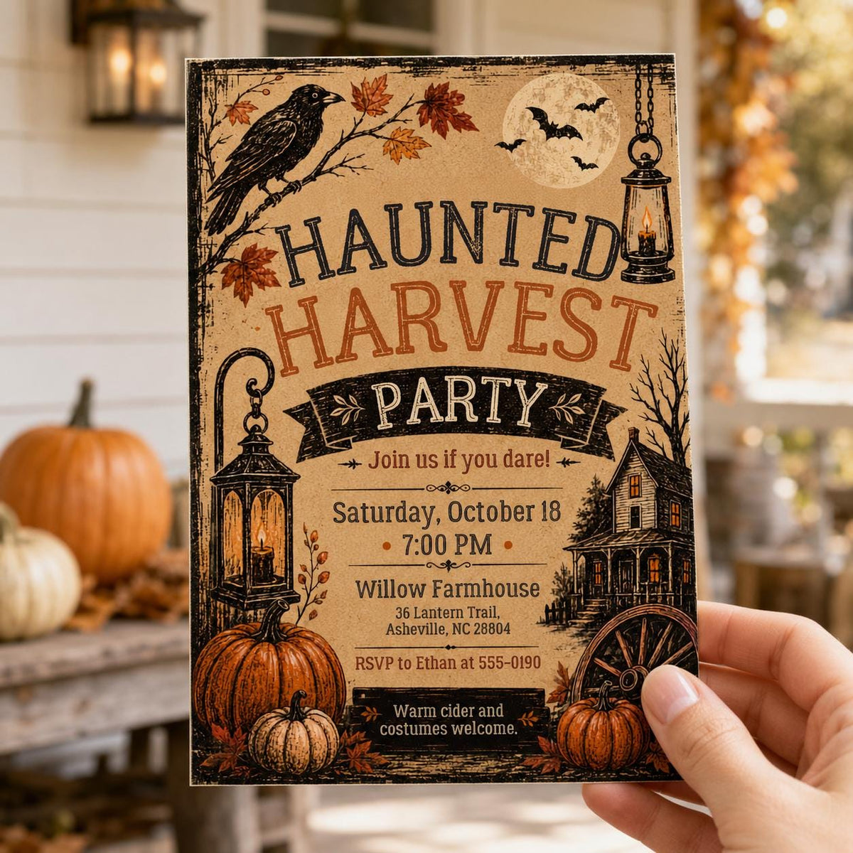 Vintage Rustic Haunted Harvest Party Invitation — invitation you personalize in Canva