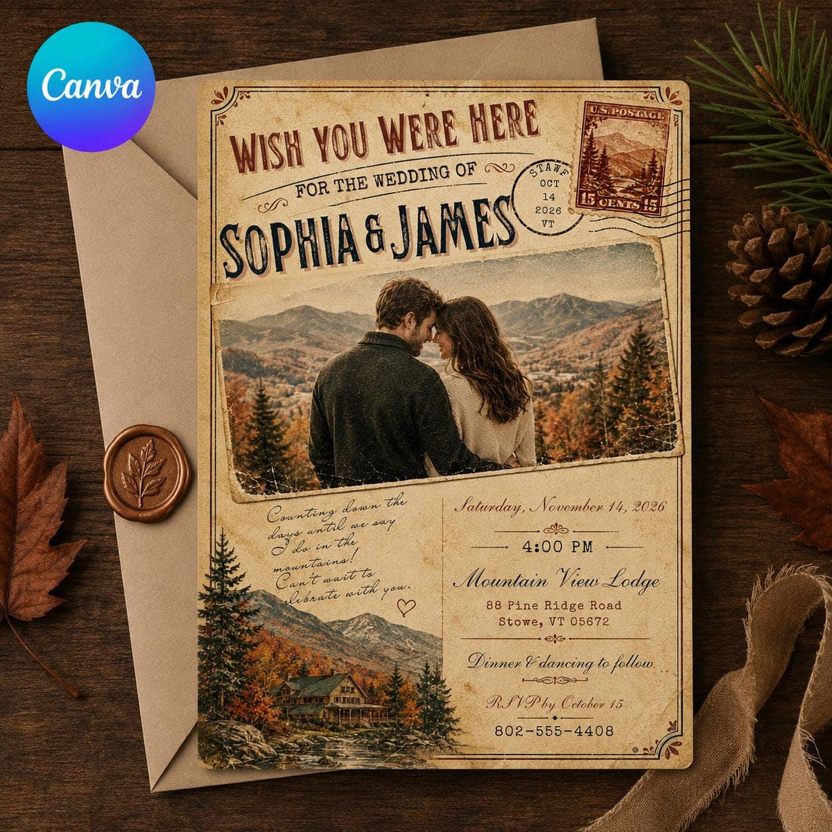 Vintage Rustic Mountain Wedding Invitation — editable Canva template