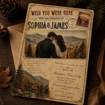 Vintage Rustic Mountain Wedding Invitation — mountains and travel design