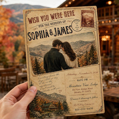 Vintage Rustic Mountain Wedding Invitation — invitation you personalize in Canva