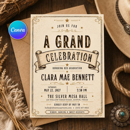 Vintage Rustic Western Graduation Invitation — editable Canva template