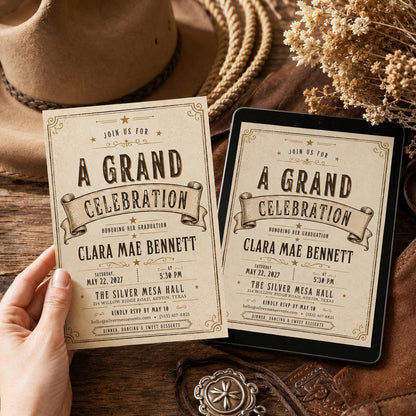 Vintage Rustic Western Graduation Invitation — invitation you personalize in Canva