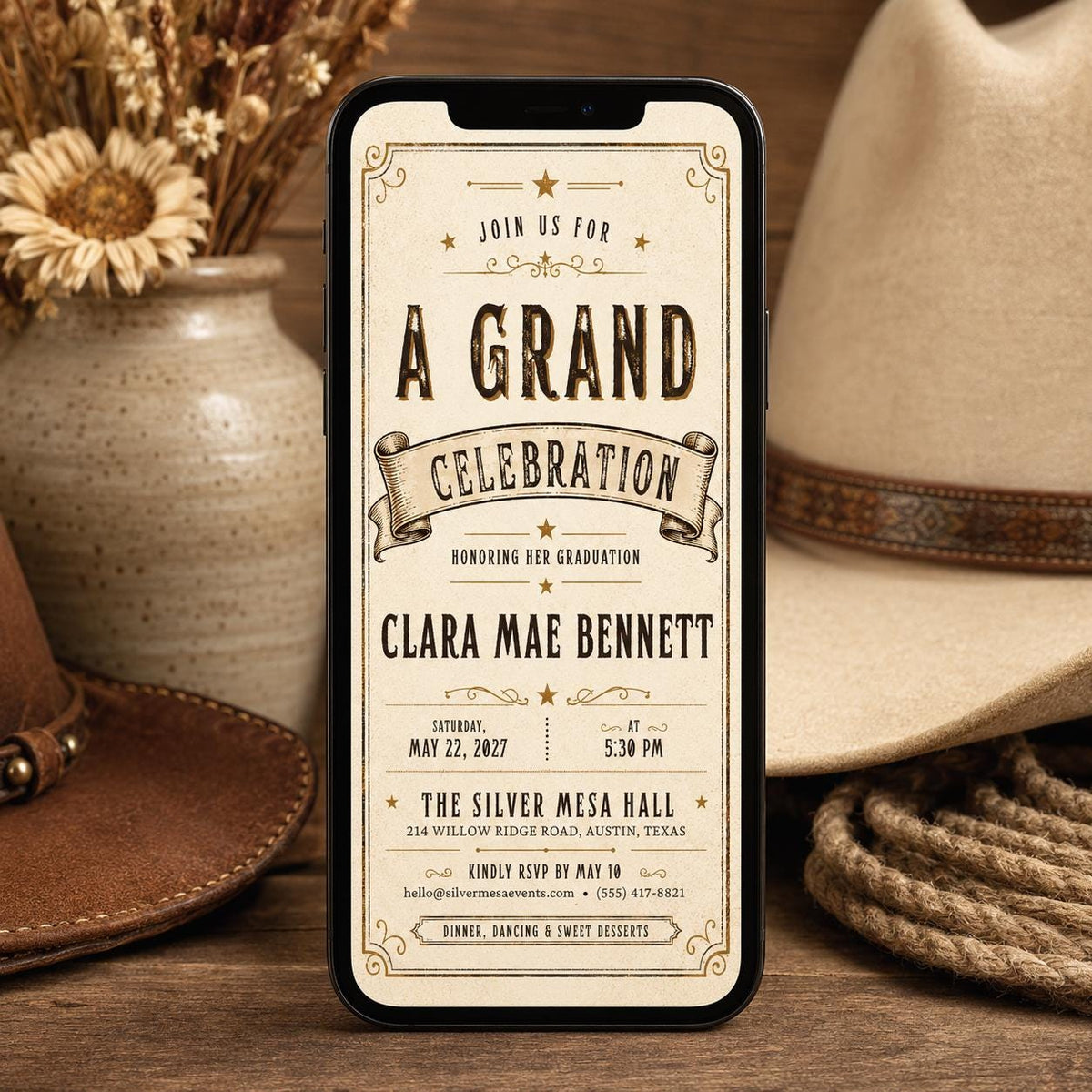 Vintage Rustic Western Graduation Invitation — print-ready graduation party design from VoltBy