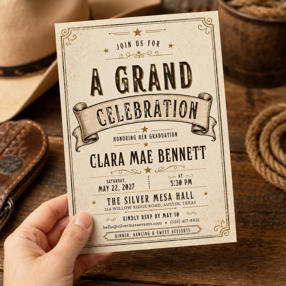 Vintage Rustic Western Graduation Invitation — digital invitation, instant download