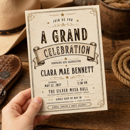 Vintage Rustic Western Graduation Invitation — digital invitation, instant download