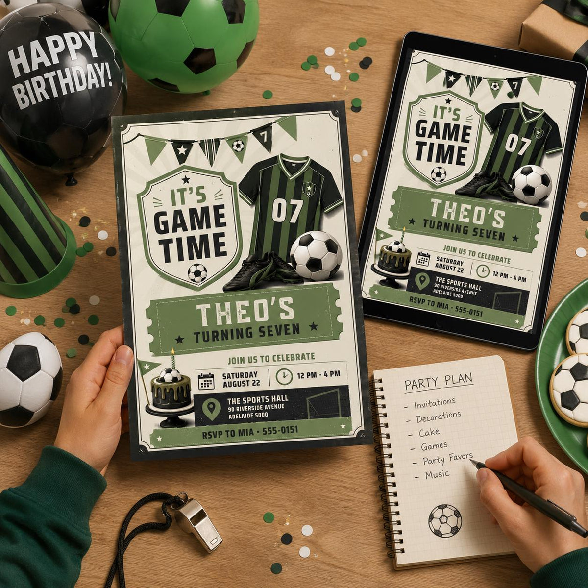 Vintage Soccer Jersey 7th Birthday Invitation — ticket artwork in black and cream