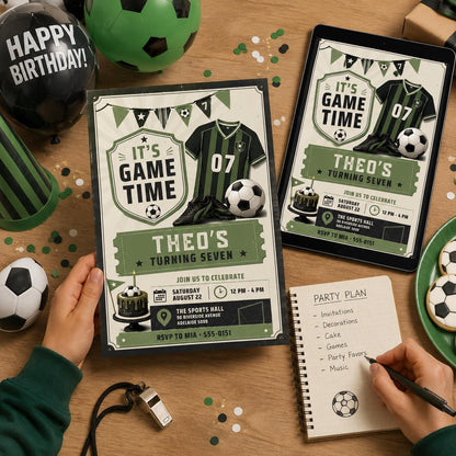 Vintage Soccer Jersey 7th Birthday Invitation — ticket artwork in black and cream