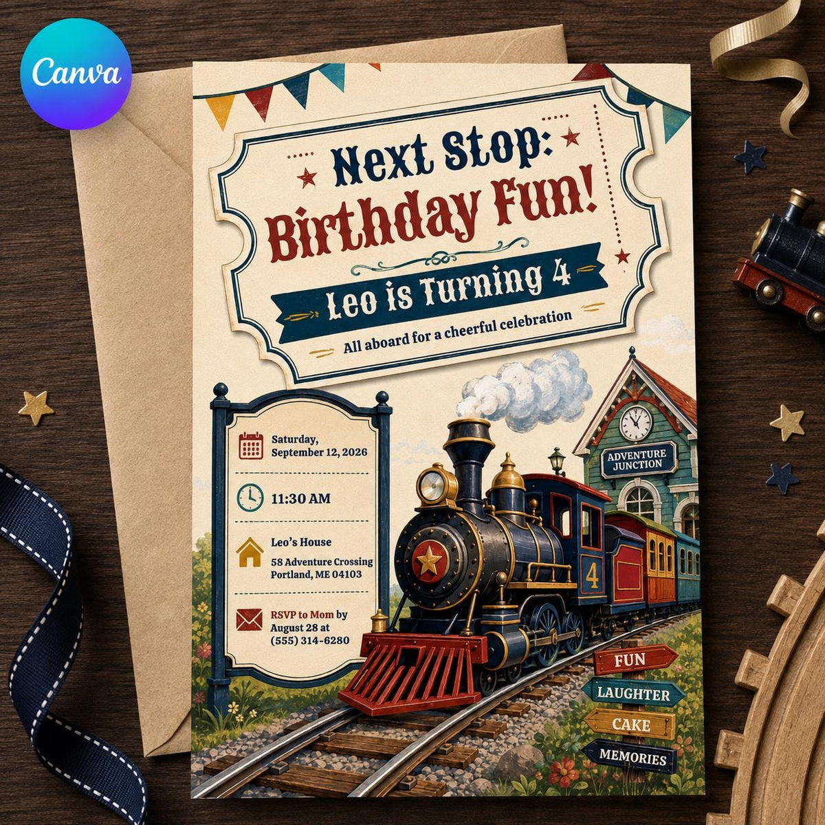 Vintage Train 4th Birthday Invitation — editable Canva template