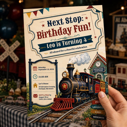 Vintage Train 4th Birthday Invitation — print-ready 4th birthday party design from VoltBy