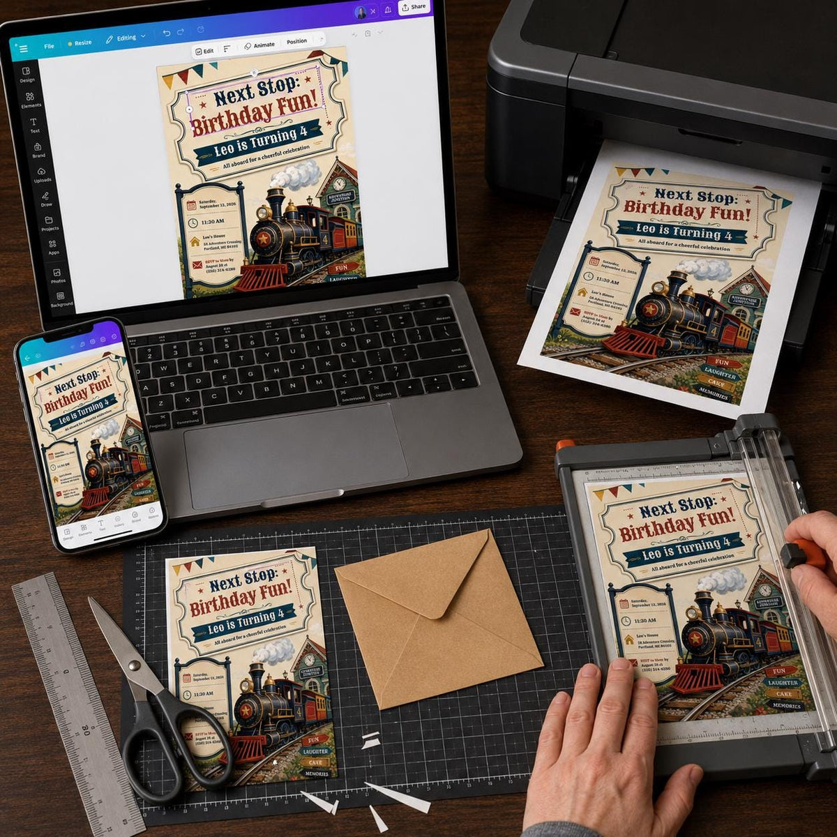 Vintage Train 4th Birthday Invitation — digital invitation, instant download