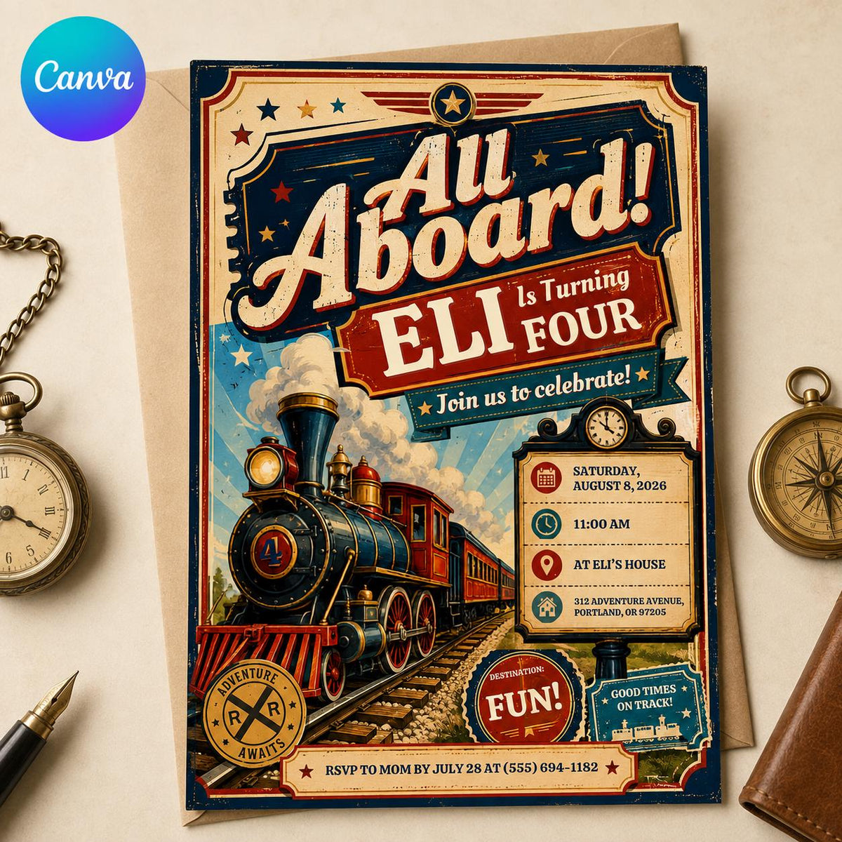 Vintage Train 4th Birthday Invitation: All Aboard 4th Birthday Party — editable Canva template