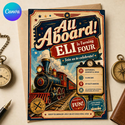 Vintage Train 4th Birthday Invitation: All Aboard 4th Birthday Party — editable Canva template