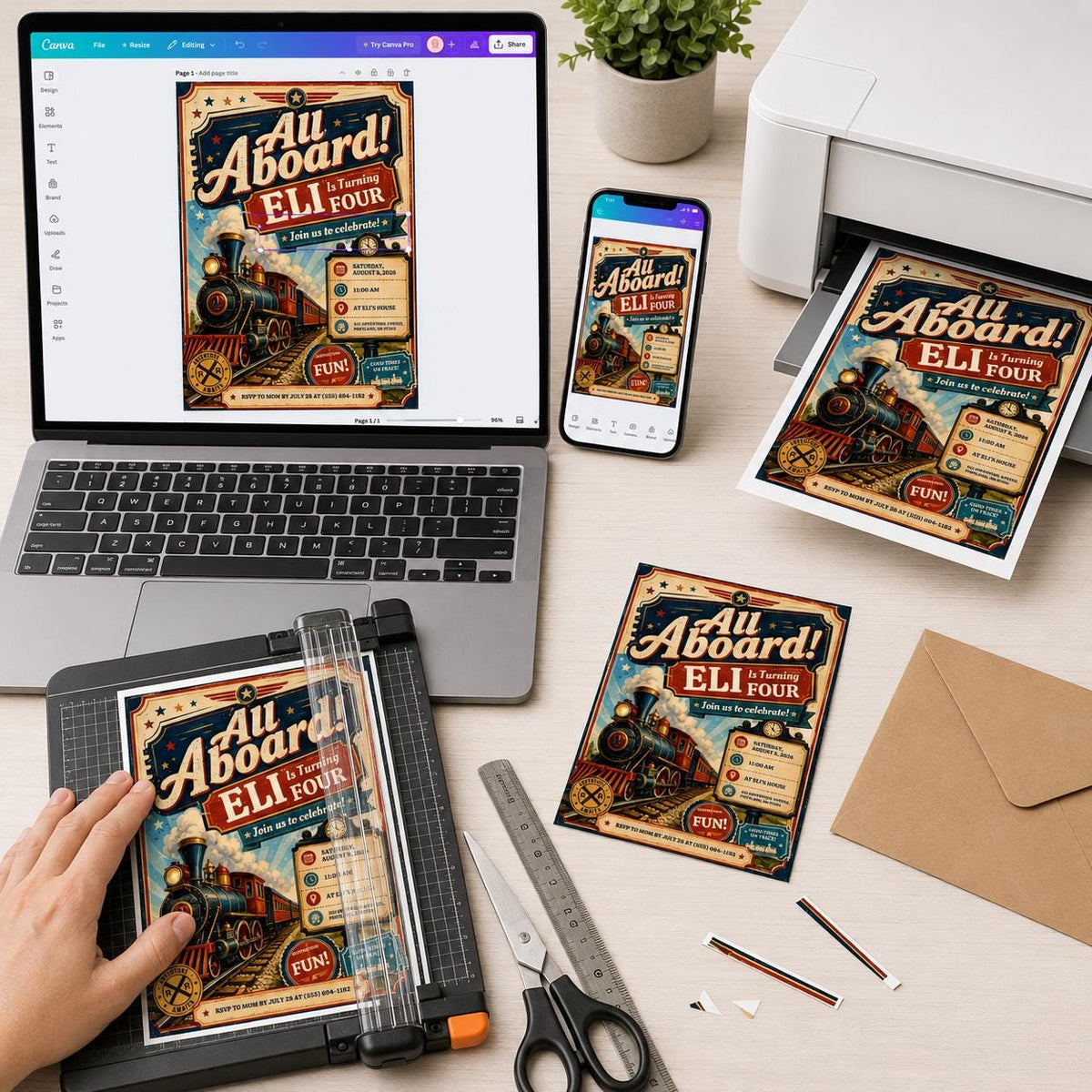 Vintage Train 4th Birthday Invitation: All Aboard 4th Birthday Party — invitation you personalize in Canva