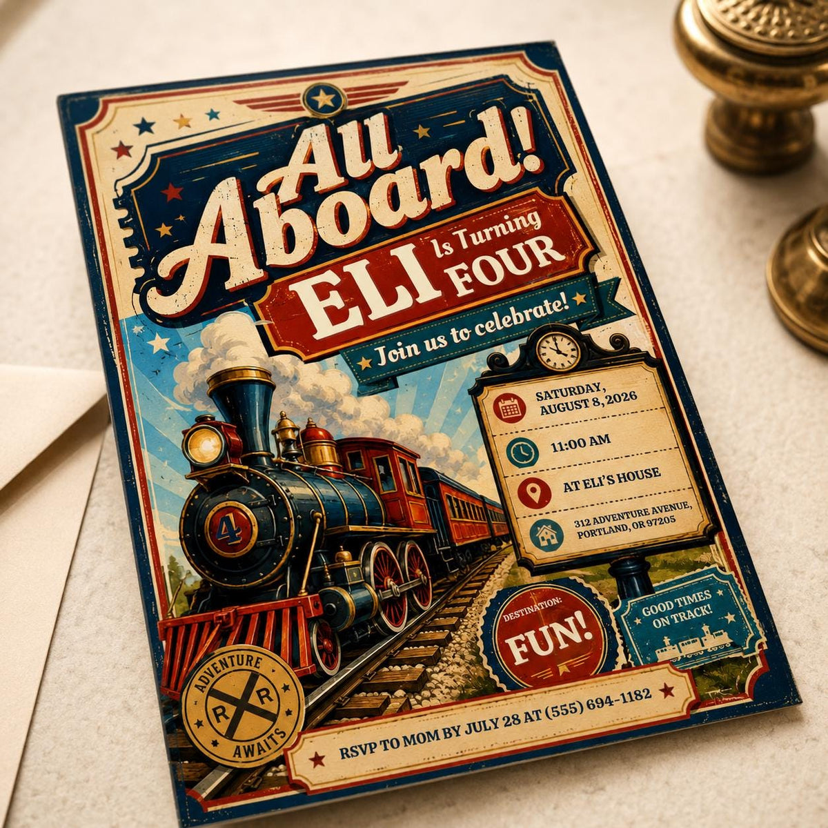 Vintage Train 4th Birthday Invitation: All Aboard 4th Birthday Party — print-ready 4th birthday party design from VoltBy