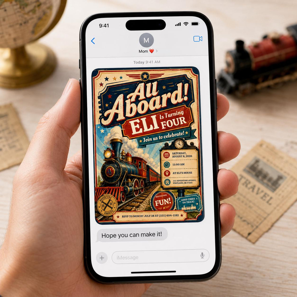Vintage Train 4th Birthday Invitation: All Aboard 4th Birthday Party — digital invitation, instant download