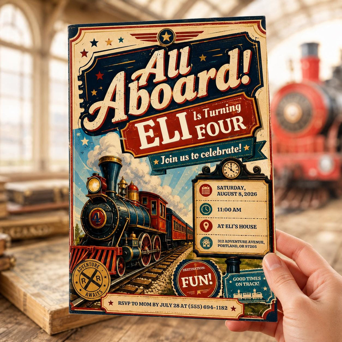 Vintage Train 4th Birthday Invitation: All Aboard 4th Birthday Party — 4th birthday party stationery by VoltBy