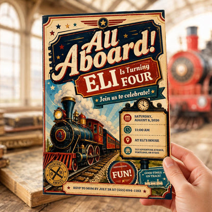 Vintage Train 4th Birthday Invitation: All Aboard 4th Birthday Party — 4th birthday party stationery by VoltBy