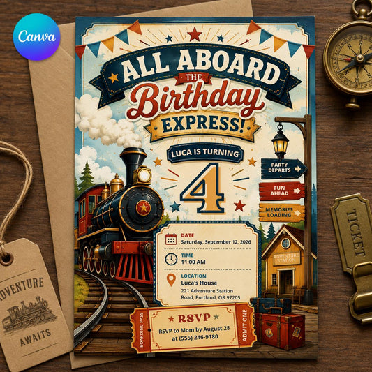 Vintage Train 4th Birthday Invitation: All Aboard Party — editable Canva template