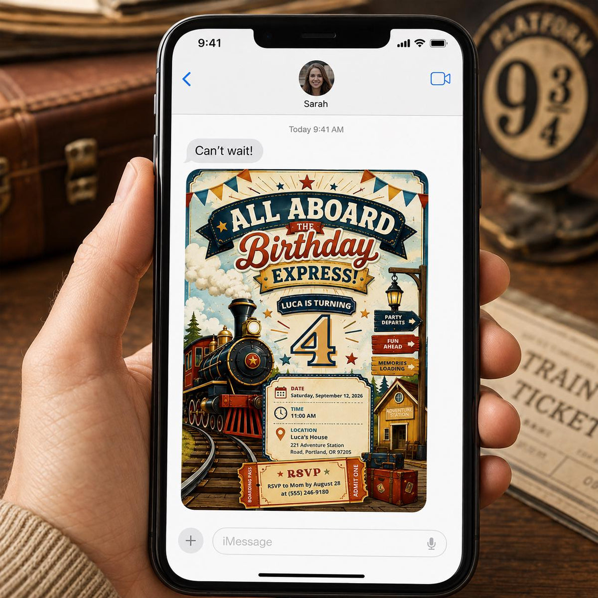 Vintage Train 4th Birthday Invitation: All Aboard Party — invitation you personalize in Canva