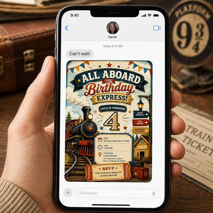 Vintage Train 4th Birthday Invitation: All Aboard Party — invitation you personalize in Canva