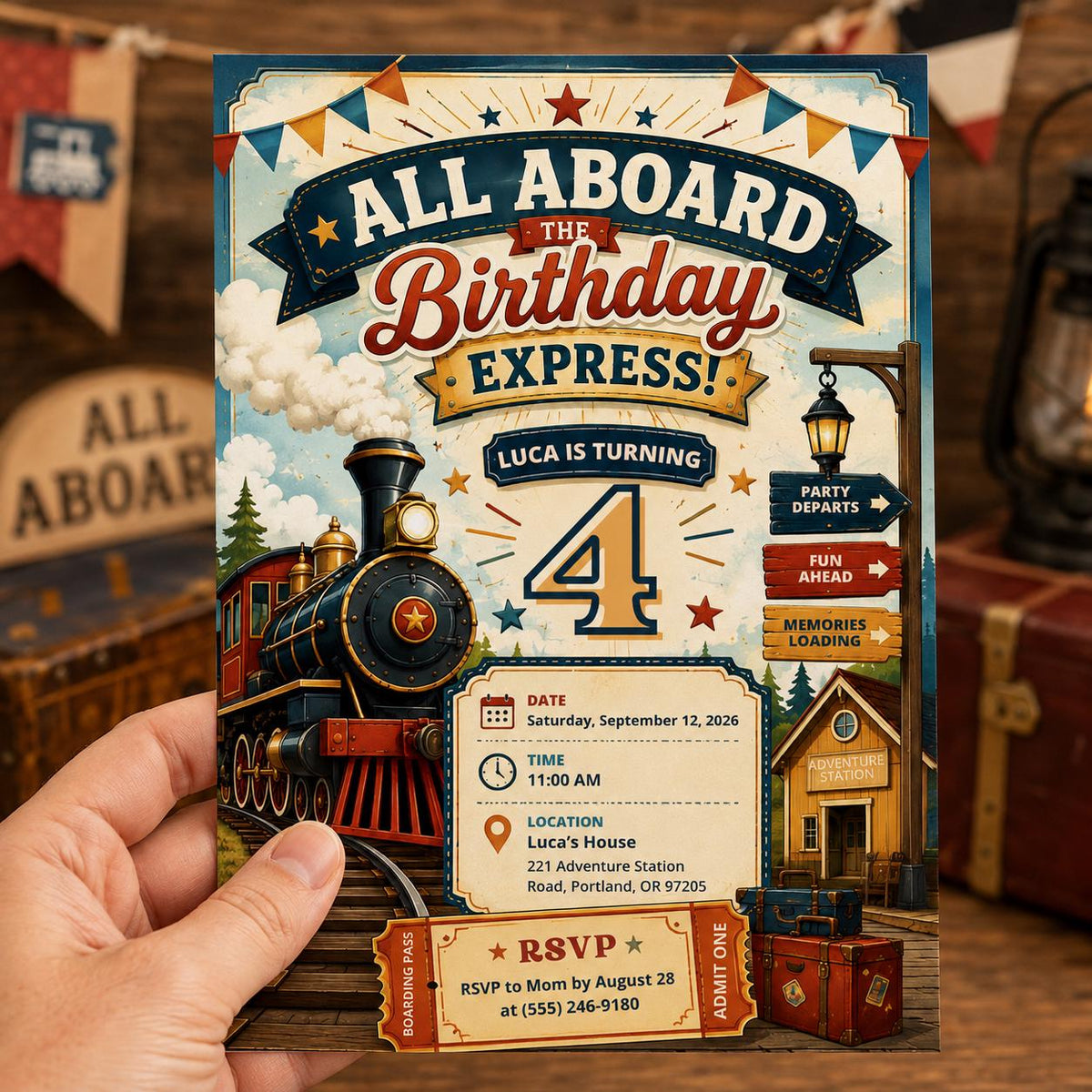 Vintage Train 4th Birthday Invitation: All Aboard Party — print-ready 4th birthday party design from VoltBy