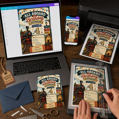Vintage Train 4th Birthday Invitation: All Aboard Party — digital invitation, instant download