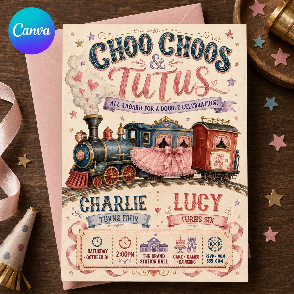 Vintage Train and Tutu Birthday Invitation — editable Canva template