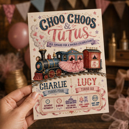 Vintage Train and Tutu Birthday Invitation — invitation you personalize in Canva