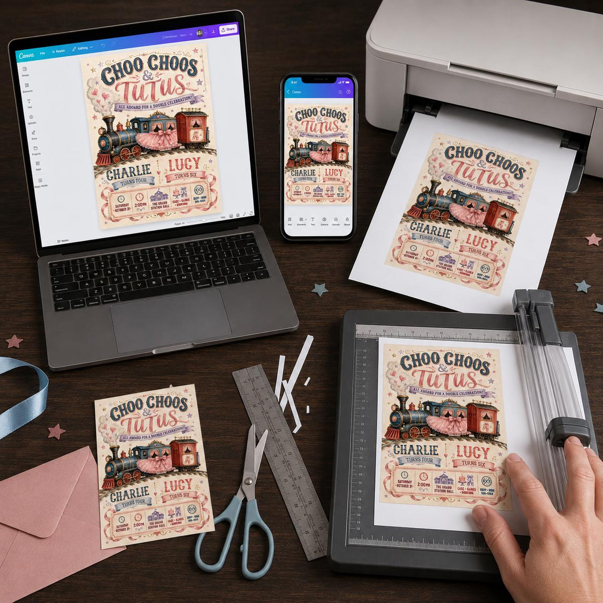 Vintage Train and Tutu Birthday Invitation — print-ready birthday party design from VoltBy