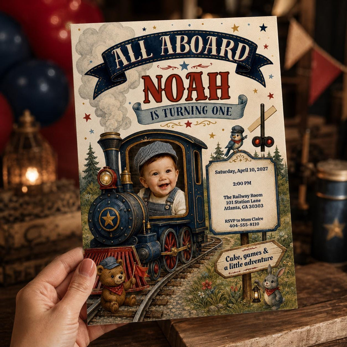 Vintage Train First Birthday Invitation for Boys — print-ready first birthday design from VoltBy