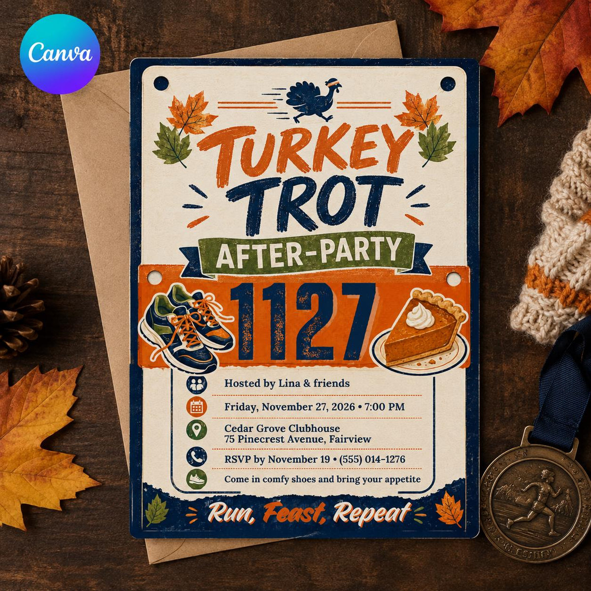 Vintage Turkey Trot Invitation — editable Canva template