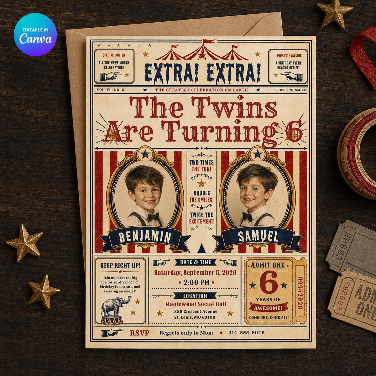 Vintage Twin Circus 6th Birthday Invitation — editable Canva template