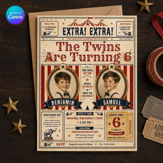 Vintage Twin Circus 6th Birthday Invitation — editable Canva template