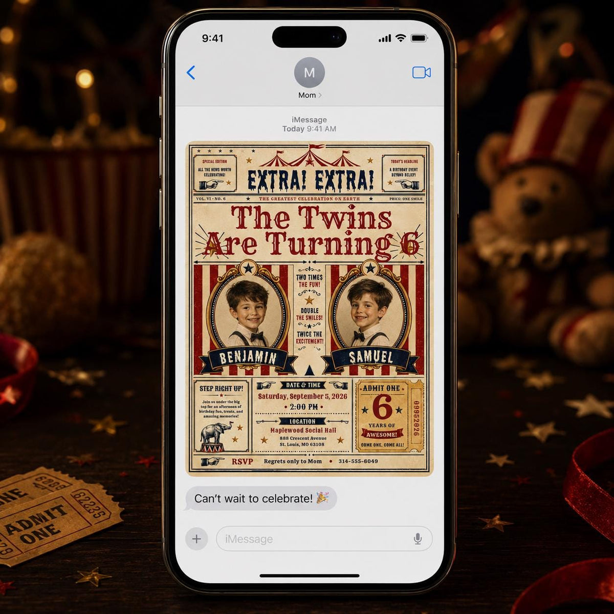 Vintage Twin Circus 6th Birthday Invitation — carnival design
