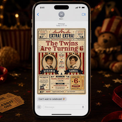 Vintage Twin Circus 6th Birthday Invitation — carnival design