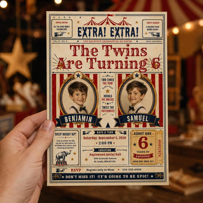 Vintage Twin Circus 6th Birthday Invitation — invitation you personalize in Canva