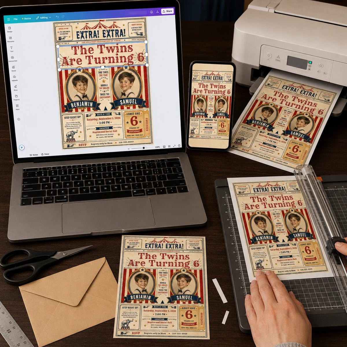 Vintage Twin Circus 6th Birthday Invitation — print-ready 6th birthday party design from VoltBy