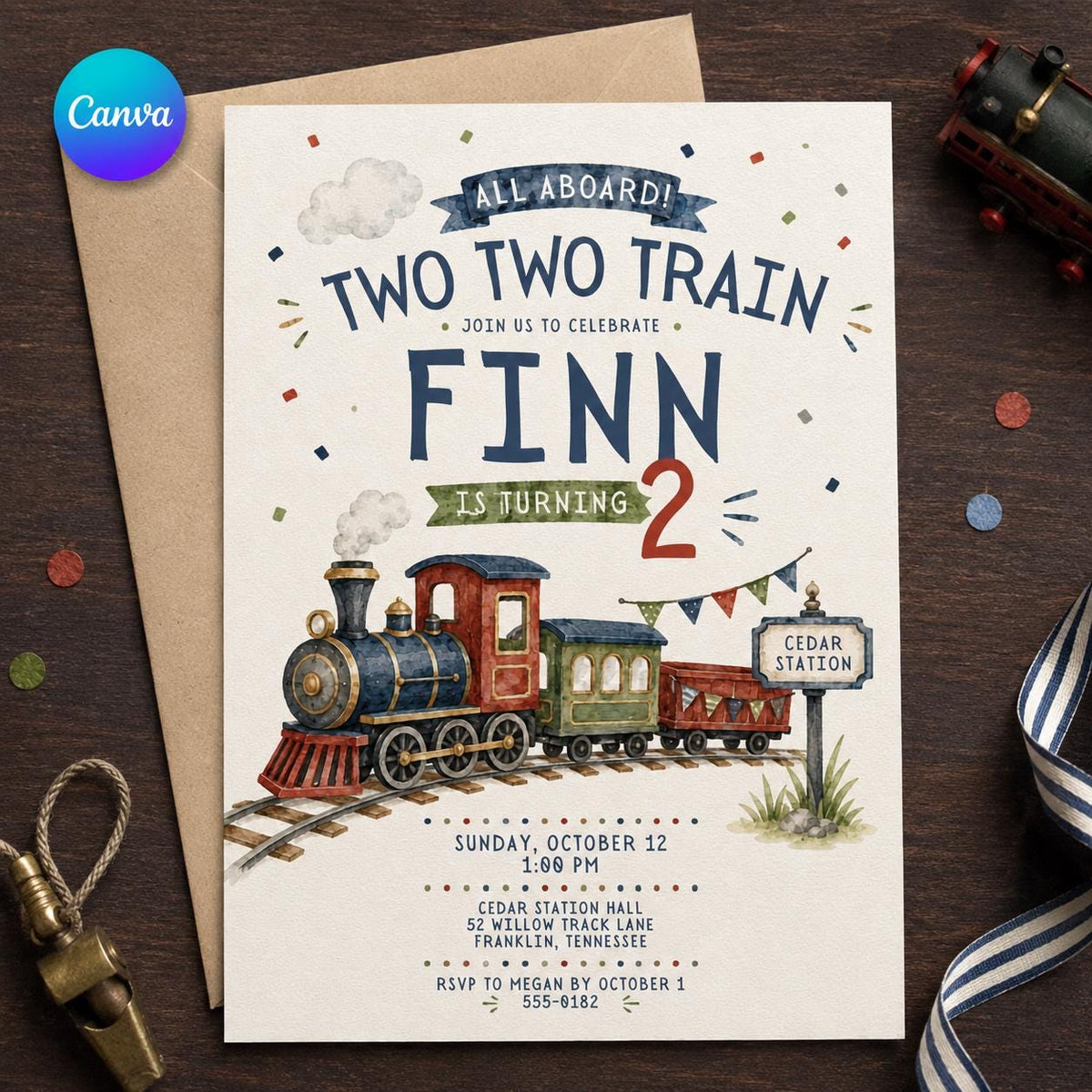 Vintage Two Train Birthday Invitation — editable Canva template