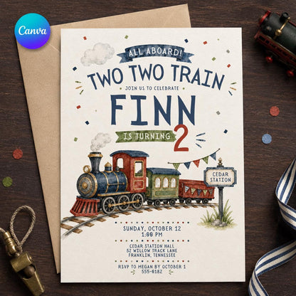 Vintage Two Train Birthday Invitation — editable Canva template