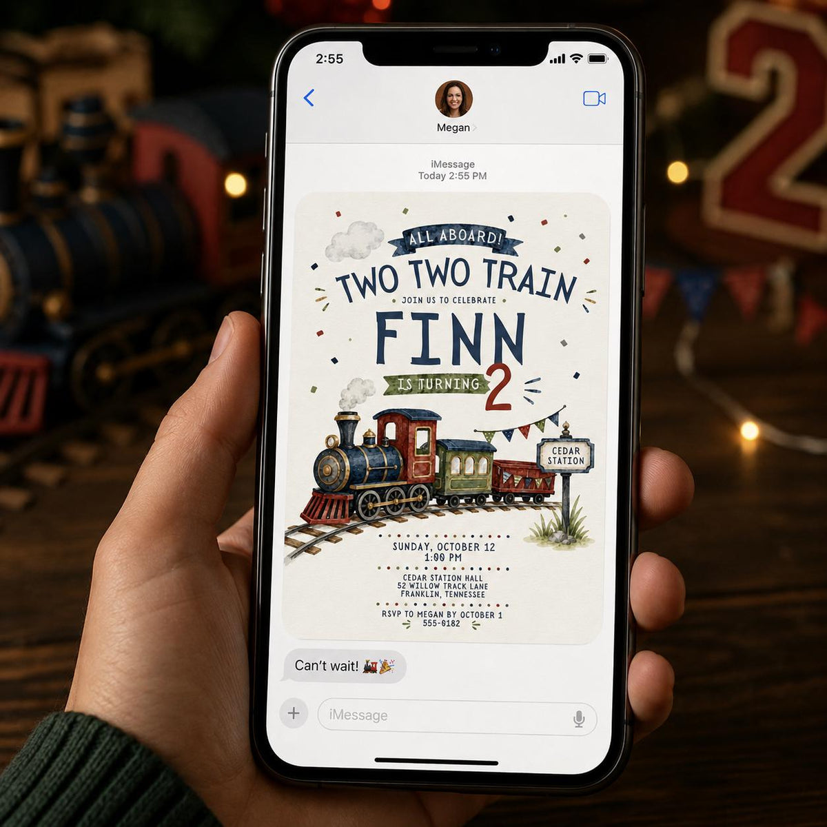 Vintage Two Train Birthday Invitation — invitation you personalize in Canva