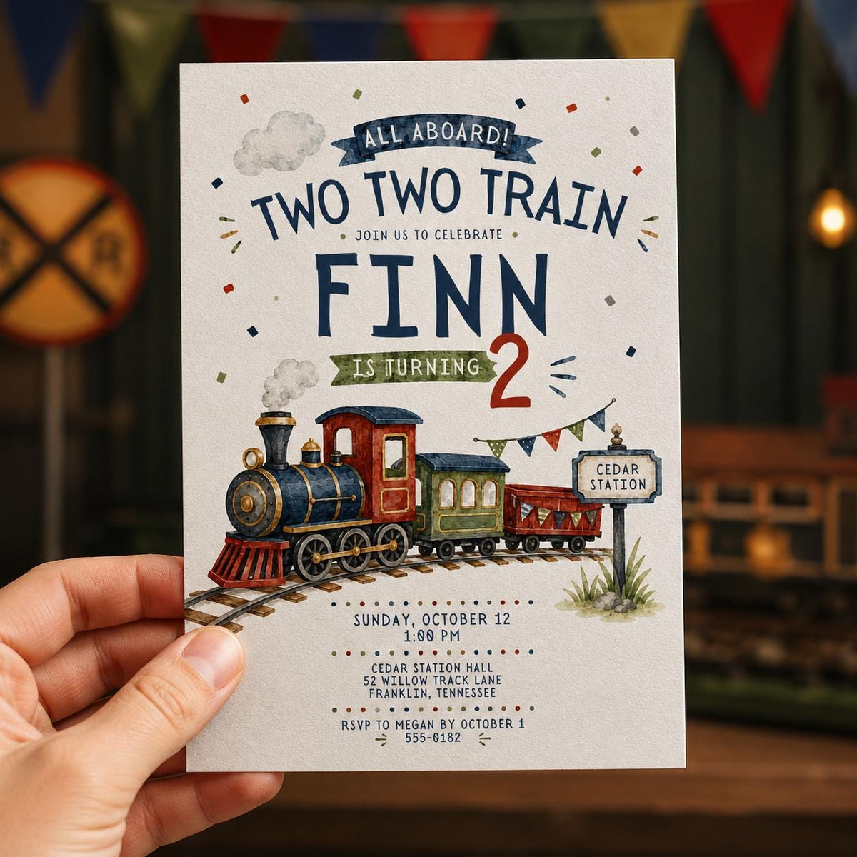 Vintage Two Train Birthday Invitation — print-ready 2nd birthday party design from VoltBy