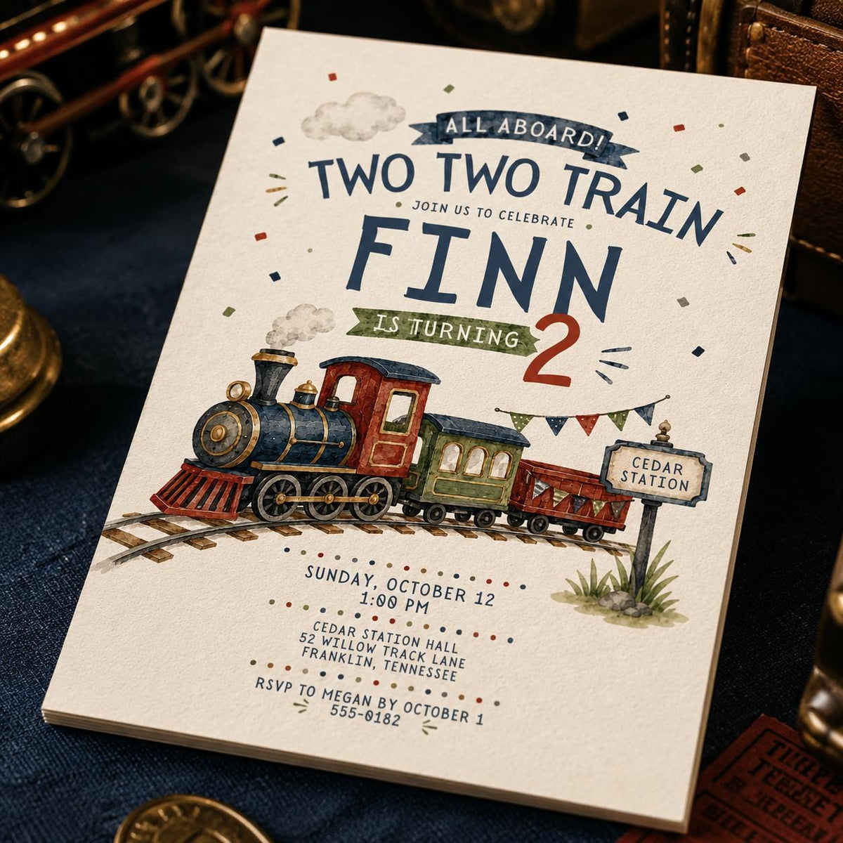 Vintage Two Train Birthday Invitation — 2nd birthday party stationery by VoltBy